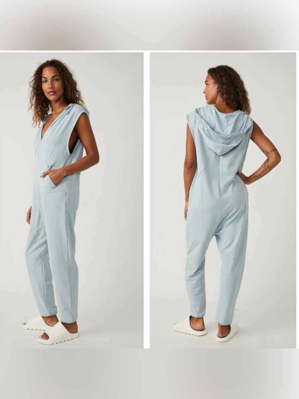 Free People Nothing But Sweats Hooded Jumpsuit Blue, Small Coastal Oversized